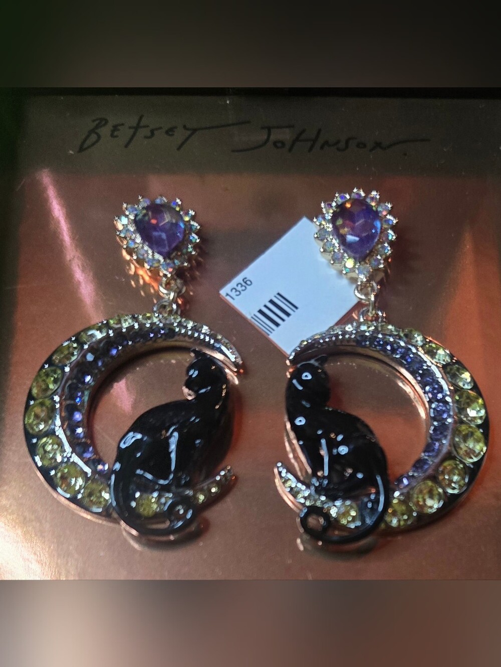 Betsey Johnson Black Cat Crescent Moon Drop Earrings with Purple Crystal Accents